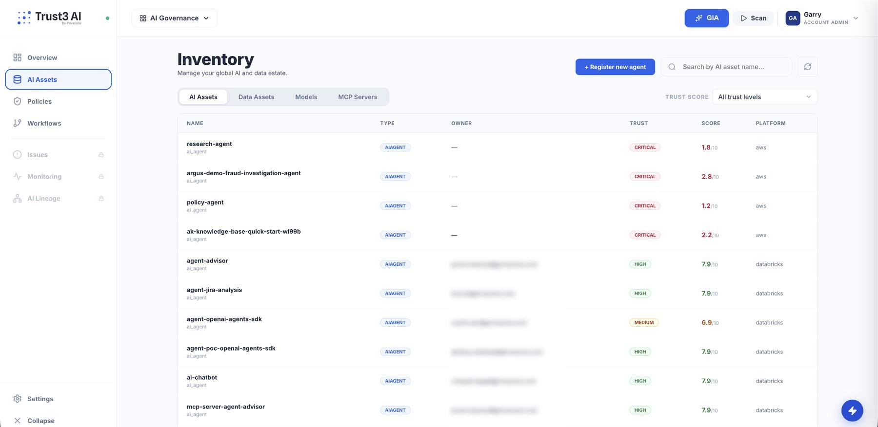 Trust3 AI Inventory — discovered AI agents across AWS and Databricks with trust scores, owners, and platforms