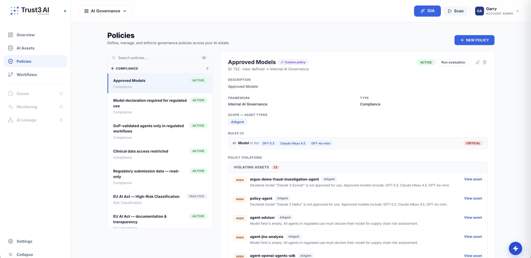 Trust3 AI Policies — Approved Models policy with 23 violating assets including agent-advisor, policy-agent, agent-jira-analysis