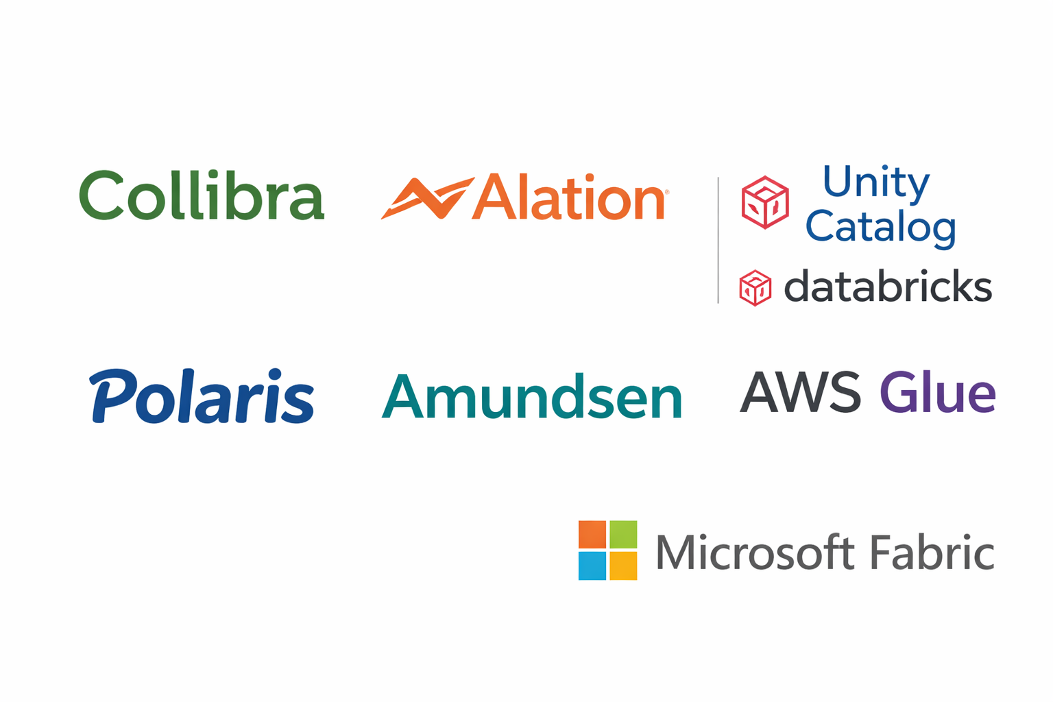 Logos of Collibra Alation Unity Catalog Databricks Polaris Amundsen AWS Glue Microsoft Fabric